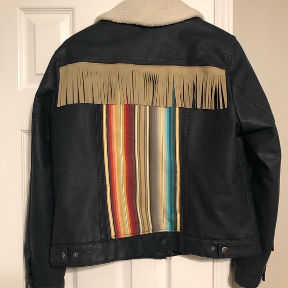 Levi Strauss Denim - Levi’s Sherpa-Lined Faux Leather Trucker Jacket w/ Fringe & Serape Back Panel  L